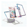 A set of transparent acrylic card protectors with iridescent blue, purple, and pink borders, shown floating around a graded holographic PSA card on a clean white background.