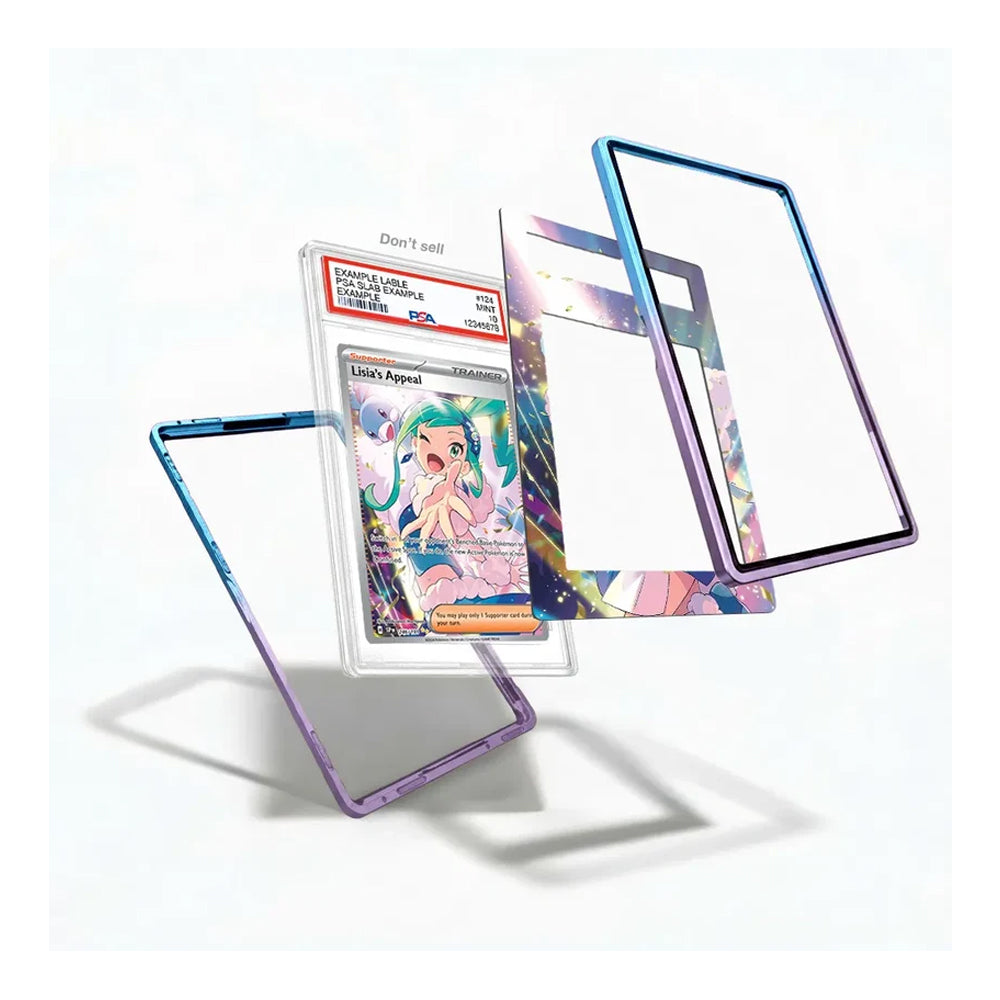 A set of transparent acrylic card protectors with iridescent blue, purple, and pink borders, shown floating around a graded holographic PSA card on a clean white background.
