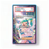 A PSA graded holographic Pokémon TCG card in a clear protective slab with a blue and purple border. The slab includes a PSA label at the top and a sample character card insert reading 'Lisia's Appeal' with a 'CARD NOT INCLUDE' watermark over it.