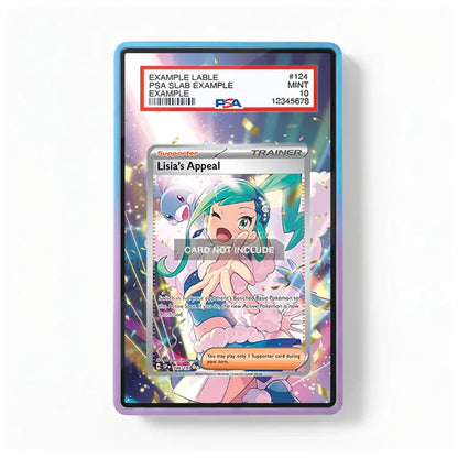 A PSA graded holographic Pokémon TCG card in a clear protective slab with a blue and purple border. The slab includes a PSA label at the top and a sample character card insert reading 'Lisia's Appeal' with a 'CARD NOT INCLUDE' watermark over it.