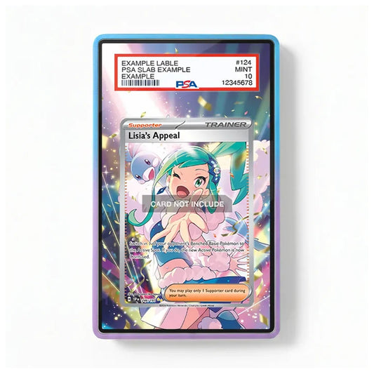 A PSA graded holographic Pokémon TCG card in a clear protective slab with a blue and purple border. The slab includes a PSA label at the top and a sample character card insert reading 'Lisia's Appeal' with a 'CARD NOT INCLUDE' watermark over it.