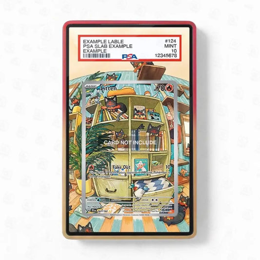 Card holder with a colorful design of a room and a label on top