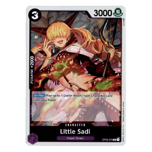 A single trading card featuring illustrated anime-style artwork of a blonde character with a bow, labeled 'Little Sadi' and 'Impel! Down.' The card has a white border, black top and bottom sections, and multicolored artwork with green, orange, pink, and dark tones.