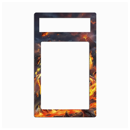 A rectangular decorative plate or frame with a fiery lava landscape print, featuring a large central cutout and a smaller horizontal cutout near the top, shown on a plain white background.