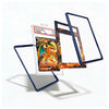 A clear acrylic display stand with a dark blue frame, shown holding and displaying a Pokémon Charizard trading card. The stand is presented in multiple angles with a Charizard card inserted, set against a clean white background with soft shadows.
