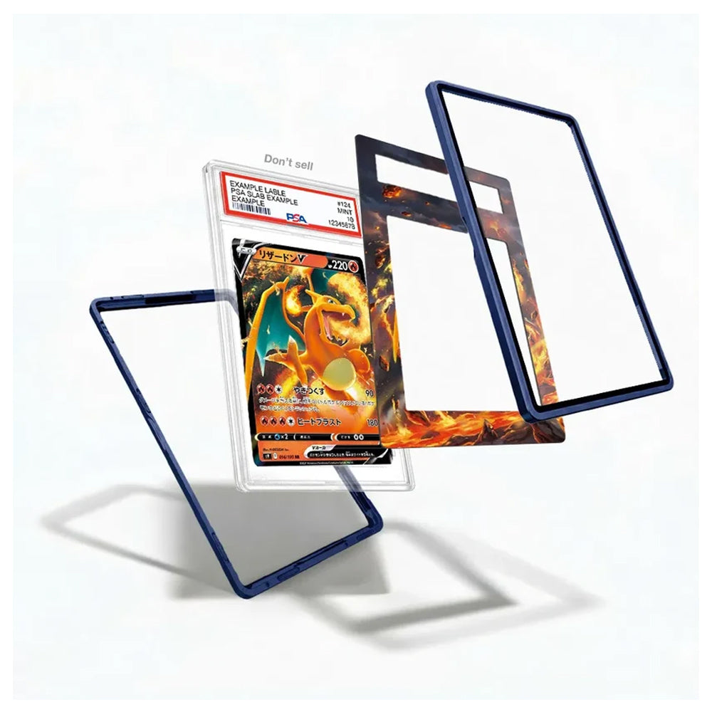 A clear acrylic display stand with a dark blue frame, shown holding and displaying a Pokémon Charizard trading card. The stand is presented in multiple angles with a Charizard card inserted, set against a clean white background with soft shadows.