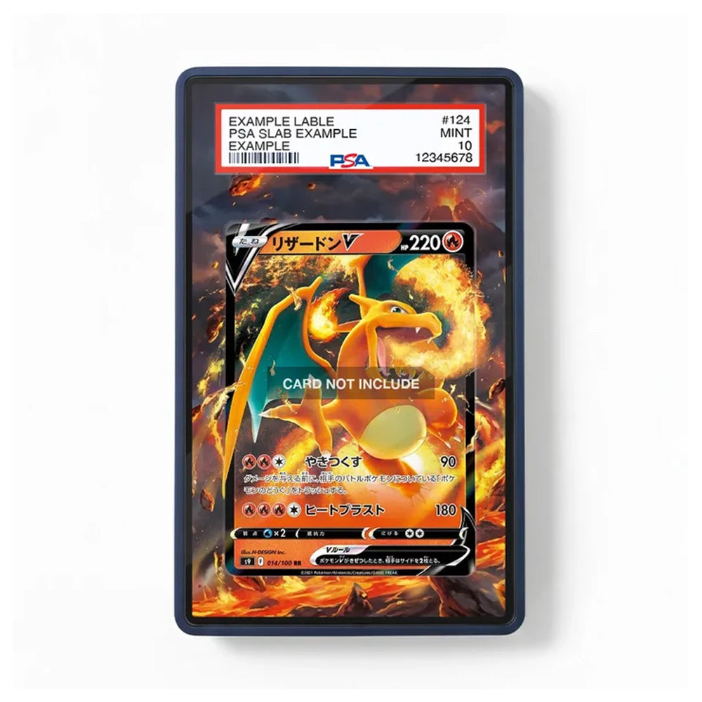 A PSA graded display card showing a Charizard V trading card design, with a PSA slab border and a red grading label at the top. The card includes a large 'CARD NOT INCLUDE' overlay and example text.