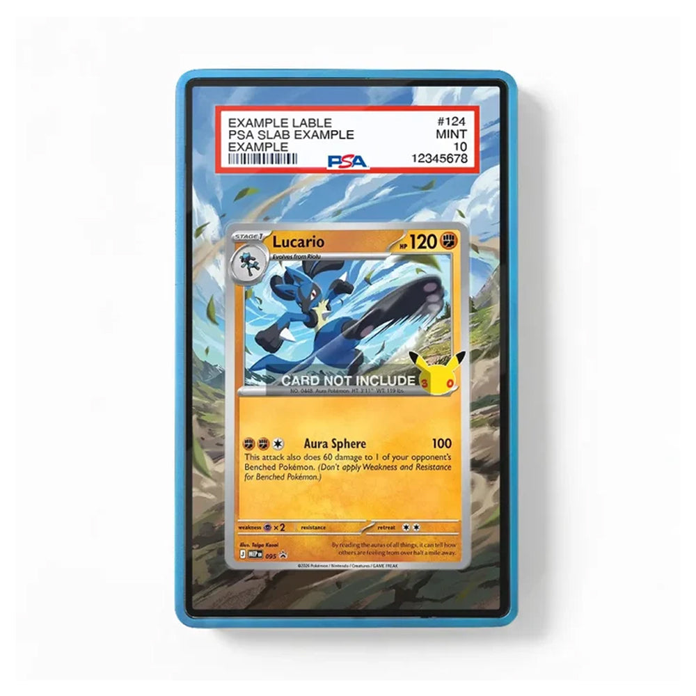 A graded Pokémon trading card in a blue PSA slab, shown against a clean white background. The card features Lucario, and the PSA grading label is visible at the top.