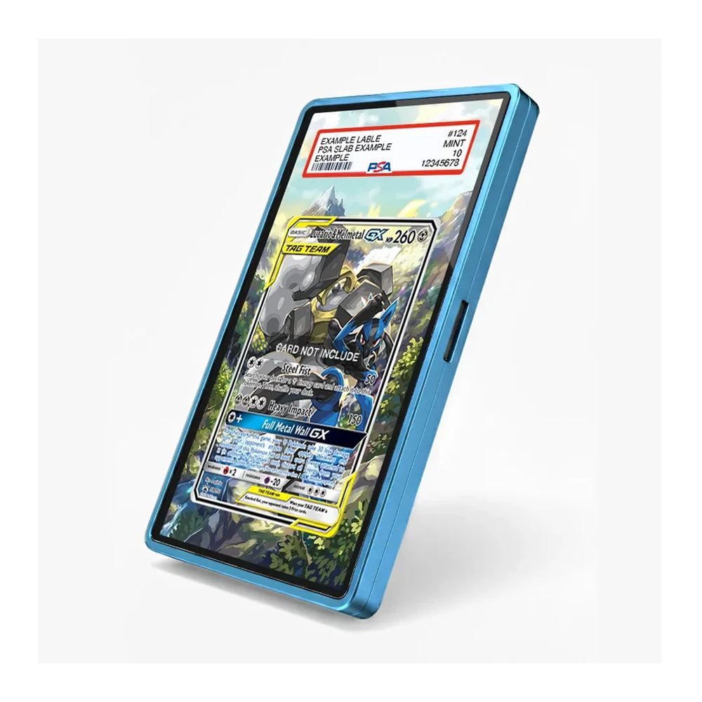 A blue protective phone case holding a replica Pokémon trading card, shown at an angle on a clean white background. The card is a PSA graded PSA/10 Example Rare Holographic Pokémon TCG Card.