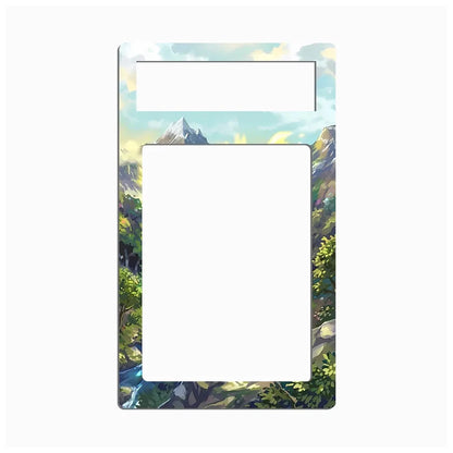 A decorative rectangular frame or mat with rounded corners, featuring an illustrated mountain landscape in soft blue, green, and beige tones. The top section has a smaller horizontal cutout, and the center has a large vertical cutout, leaving the middle area blank.