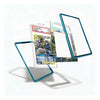 A clear acrylic display stand with a translucent blue frame, shown in multiple angles alongside a graded Pokémon TCG card and a printed insert card on a clean white background.