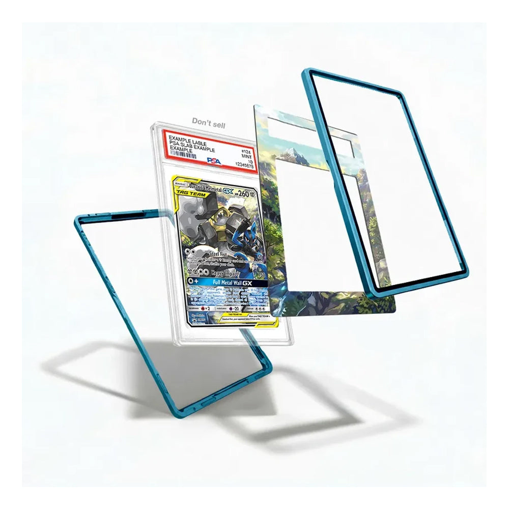 A clear acrylic display stand with a translucent blue frame, shown in multiple angles alongside a graded Pokémon TCG card and a printed insert card on a clean white background.