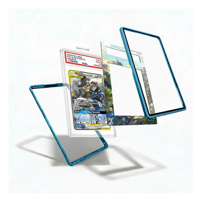 A clear acrylic display stand with a translucent blue frame, shown in multiple angles alongside a graded Pokémon TCG card and a printed insert card on a clean white background.