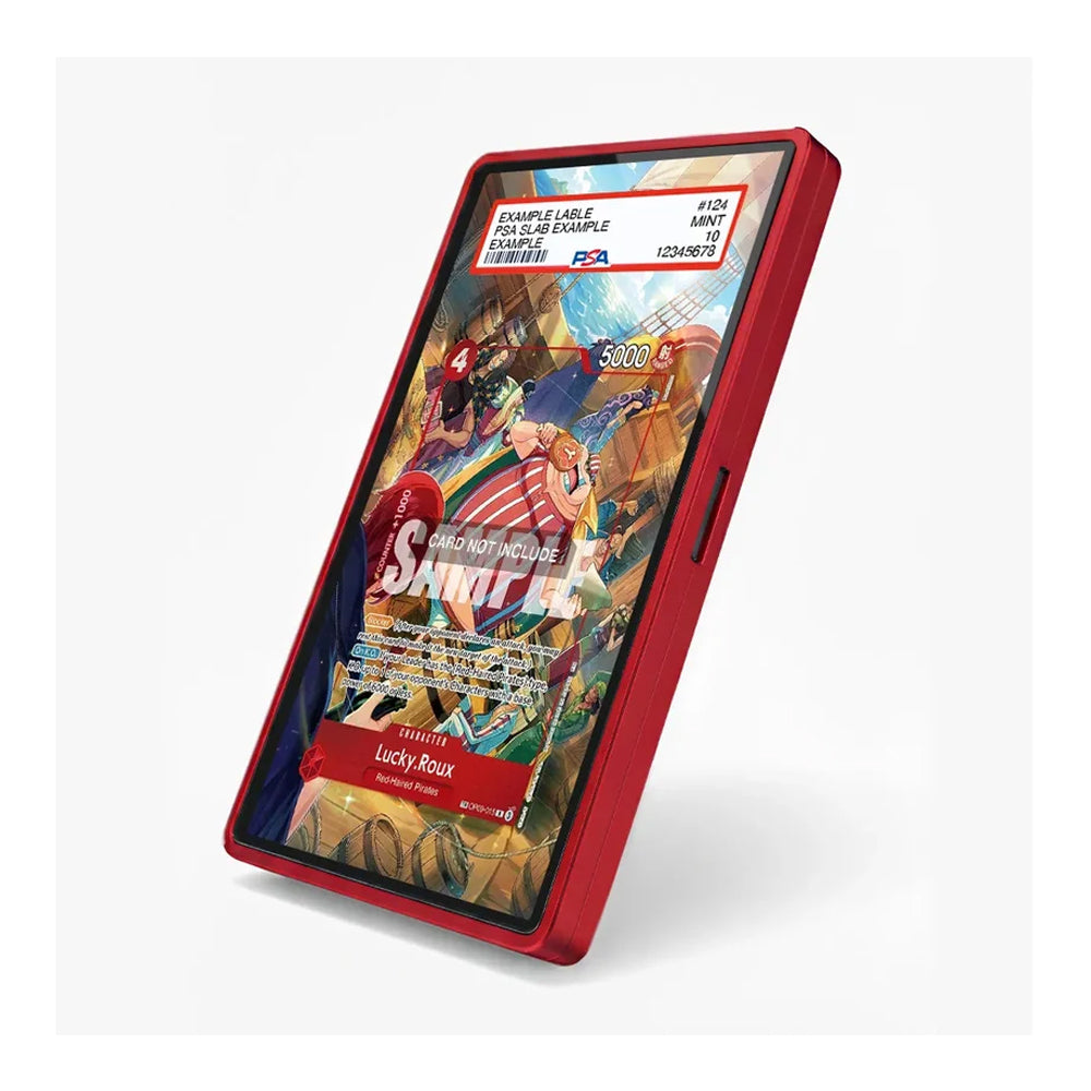 A red protective case for a smartphone, shown standing upright at an angle. The screen of the phone displays a colorful card game illustration featuring the character Lucky Roux.
