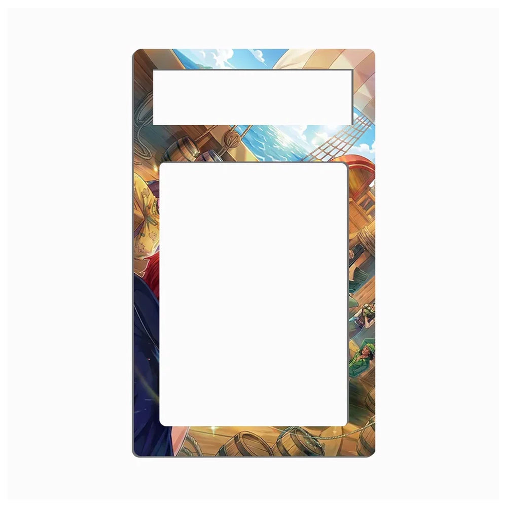 A vertical rectangular picture frame with rounded corners, featuring an anime-style illustrated border. The top section has a horizontal slot, and the main body has a large vertical opening, all set against a plain white background.
