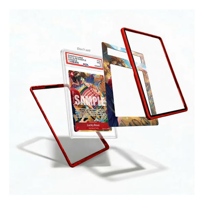 Three clear protective card or comic book sleeves with red borders are arranged floating against a white background. One sleeve holds a graded comic book sample card, and the comic cover shows a colorful illustrated scene with the text 'Lucky 13'.