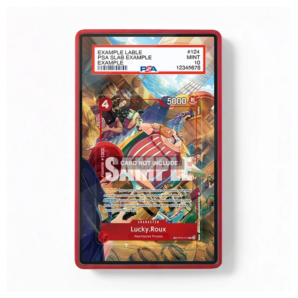 A collectible trading card slabbed in a red protective case, featuring anime artwork of Lucky Roux from One Piece. The slab has a red border and a white top section with grading details, including a visible PSA logo.