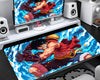 Extended gaming mouse pad featuring Luffy in a red outfit with a powerful dark fist, surrounded by vibrant blue and white swirling water effects and dynamic anime artwork.