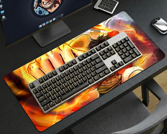 Luffy Fire Punch Mousepad Anime Desk Mat XL One Piece Flame Power Gaming Mouse Pad Action Combat Design - PokeTCG