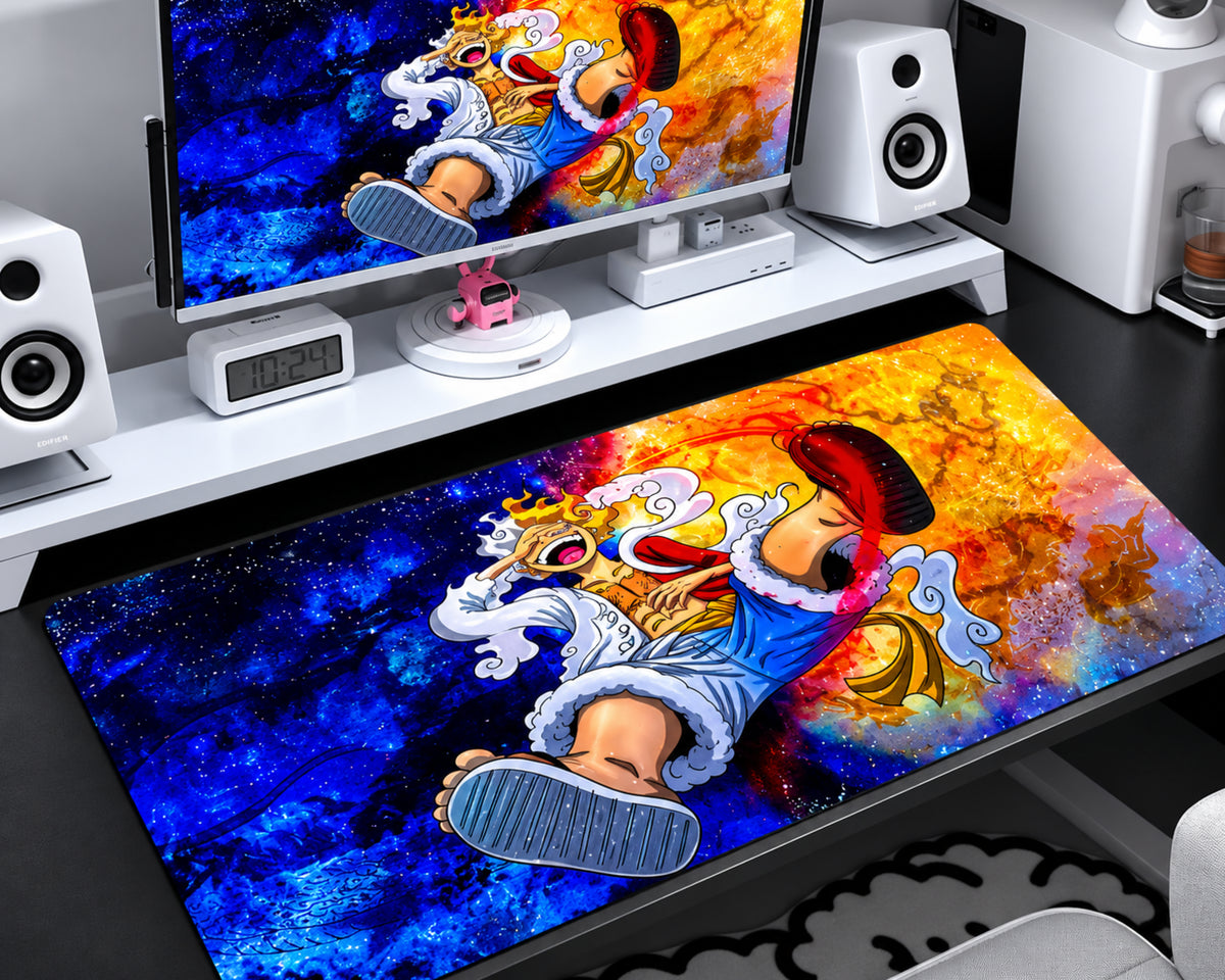Luffy Gear 5-inspired One Piece gaming mouse pad featuring a white-haired anime pirate in a dynamic pose, surrounded by swirling white energy, deep cosmic-blue textures, and blazing orange and golden effects.