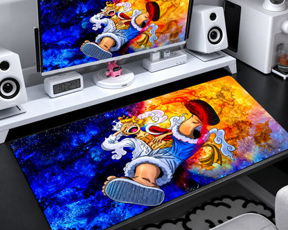 Luffy Gear 5-inspired One Piece gaming mouse pad featuring a white-haired anime pirate in a dynamic pose, surrounded by swirling white energy, deep cosmic-blue textures, and blazing orange and golden effects.