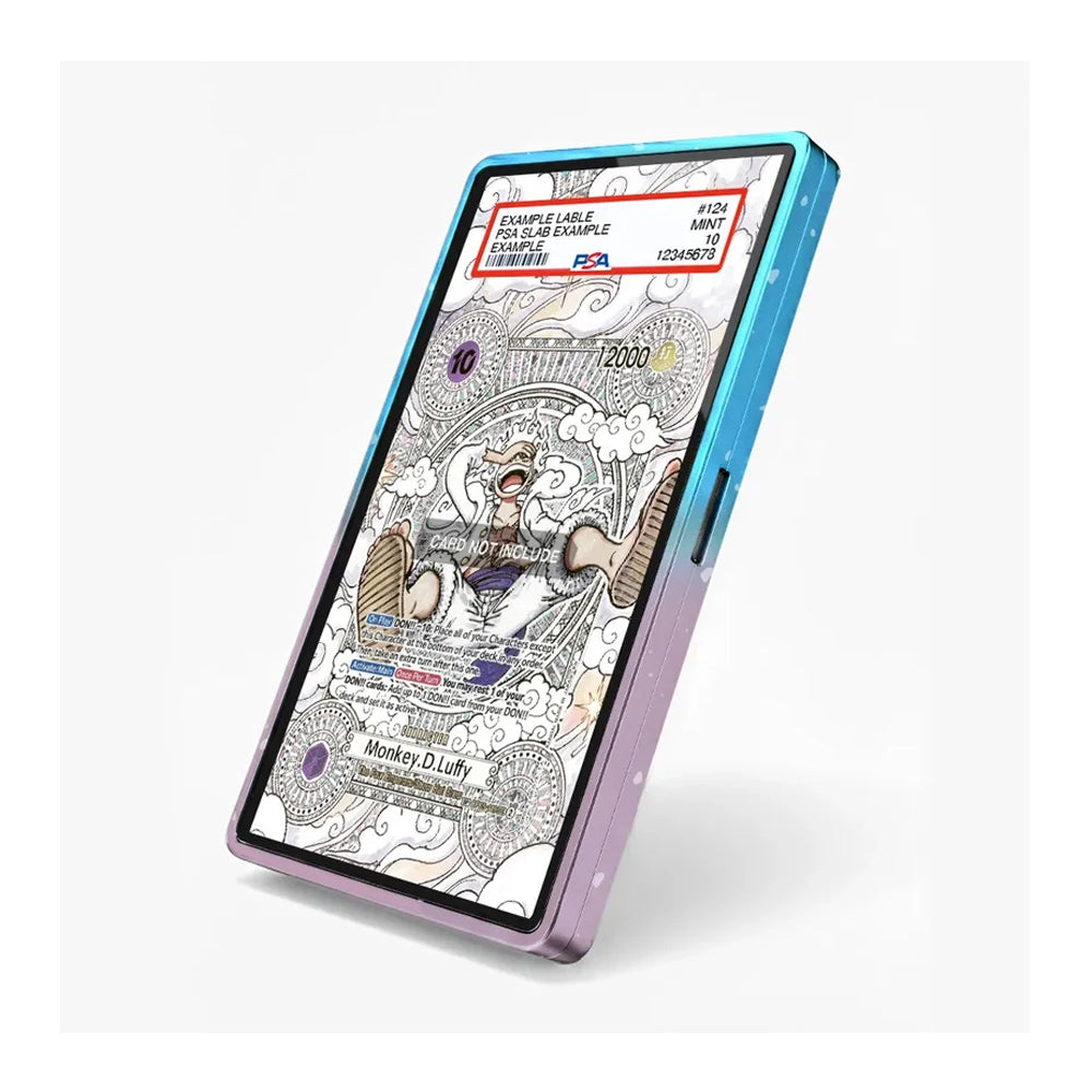 A smartphone shown at an angle on a light gray background, featuring a colorful gradient bumper case with blue, purple, and pink tones. The screen displays a detailed anime illustration.