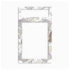 A decorative rectangular frame or border with a large blank white center and an ornate illustrated border featuring swirls, floral motifs, and small shell-like drawings in muted beige, brown, and gray tones on a white background.