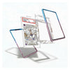 Three transparent protective phone screen frames with colorful borders are shown floating around a framed reference card on a clean white background.