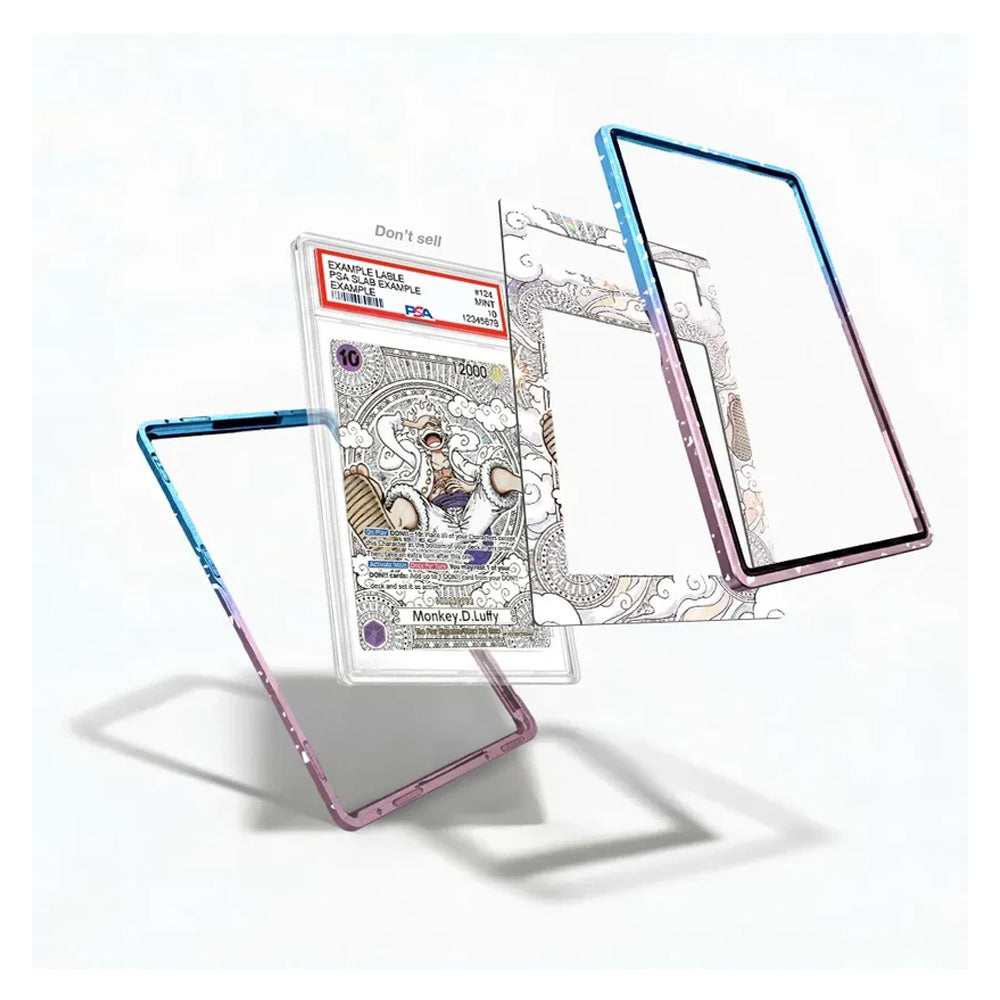 Three transparent protective phone screen frames with colorful borders are shown floating around a framed reference card on a clean white background.