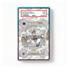 A rectangular collectible card or sticker with a decorative black-and-white monkey illustration and colored text boxes, shown against a plain white background. The card has a blue-to-purple iridescent border and visible PSA grading text at the top.