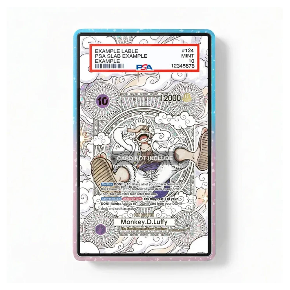 A rectangular collectible card or sticker with a decorative black-and-white monkey illustration and colored text boxes, shown against a plain white background. The card has a blue-to-purple iridescent border and visible PSA grading text at the top.