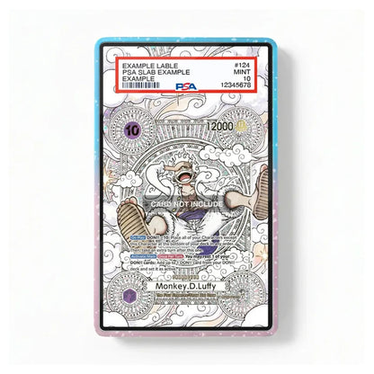 A rectangular collectible card or sticker with a decorative black-and-white monkey illustration and colored text boxes, shown against a plain white background. The card has a blue-to-purple iridescent border and visible PSA grading text at the top.