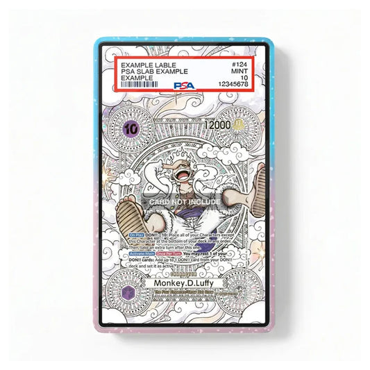 A rectangular collectible card or sticker with a decorative black-and-white monkey illustration and colored text boxes, shown against a plain white background. The card has a blue-to-purple iridescent border and visible PSA grading text at the top.