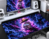 Luffy-inspired One Piece gaming mouse pad featuring a straw-hat anime character surrounded by swirling dark blue clouds, glowing neon-purple lightning, and vibrant magenta cosmic energy.