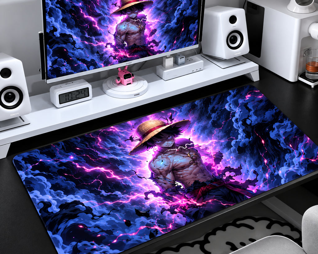 Luffy-inspired One Piece gaming mouse pad featuring a straw-hat anime character surrounded by swirling dark blue clouds, glowing neon-purple lightning, and vibrant magenta cosmic energy.