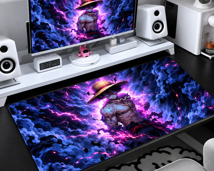 Luffy-inspired One Piece gaming mouse pad featuring a straw-hat anime character surrounded by swirling dark blue clouds, glowing neon-purple lightning, and vibrant magenta cosmic energy.