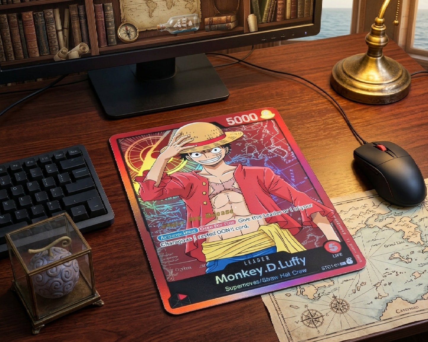 Monkey D. Luffy anime card design mouse pad on vintage wooden desk with gaming mouse, nautical map decor, warm desk lamp, and pirate themed workspace accessories