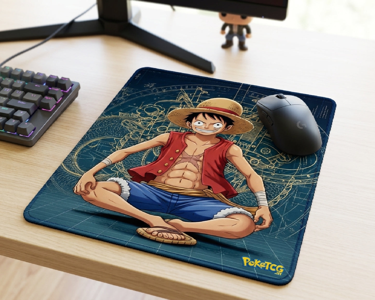 Close-angle view of One Piece Luffy anime gaming mouse pad with dark blue blueprint artwork and black gaming mouse