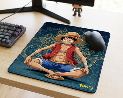 Close-angle view of One Piece Luffy anime gaming mouse pad with dark blue blueprint artwork and black gaming mouse