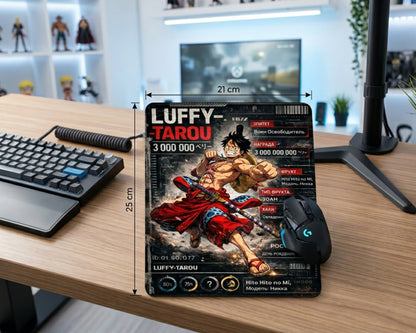 One Piece Luffy-Tarou anime gaming mouse pad with character card design and printed 21 cm by 25 cm size dimensions on wooden desk