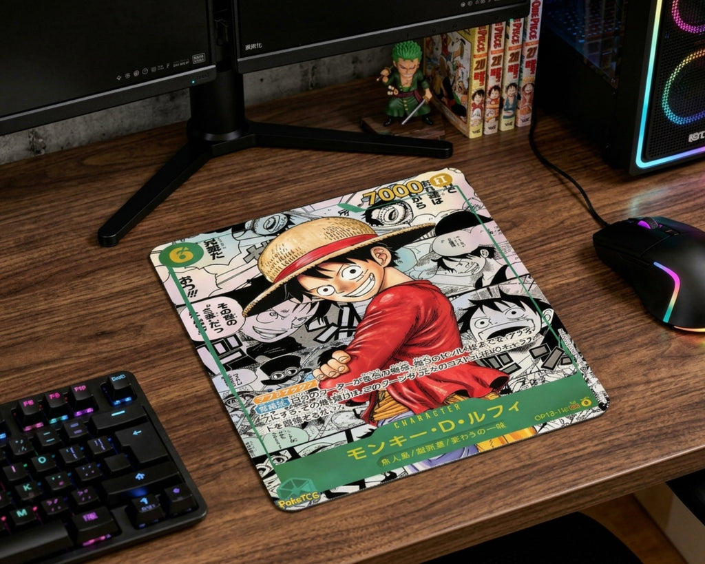 Monkey D. Luffy anime trading card style mouse pad on dark wooden gaming desk with RGB keyboard, gaming mouse, dual monitors, and One Piece collectibles