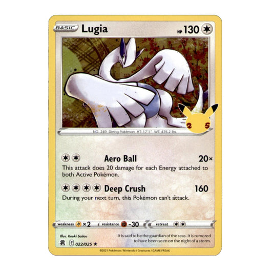 A single Pokémon trading card for Lugia from the Basic set, shown against a plain white background. The card features Lugia artwork, attack text including Aero Ball and Deep Crush, and a small Pikachu icon in the top right corner.