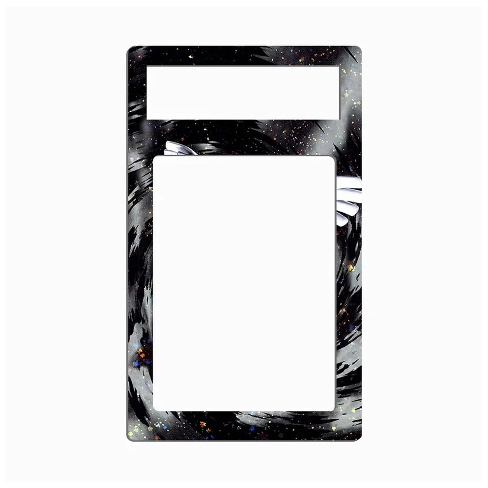 A rectangular phone case or cover with a black, white, and gray marbled pattern accented by small multicolored glitter specks, shown on a plain white background.