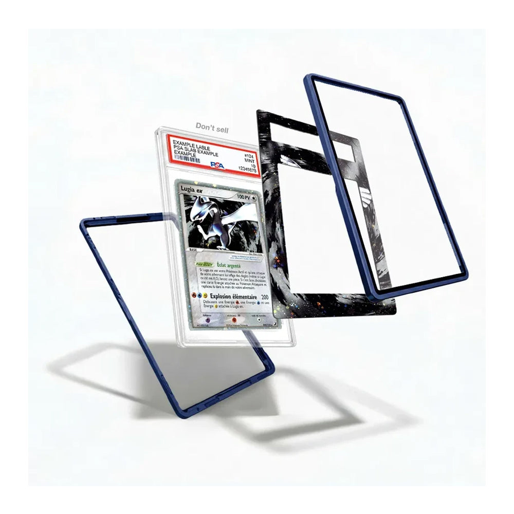 Three transparent acrylic display frames with dark blue borders are shown floating against a white background, with one frame holding a graded Pokémon TCG card insert. No person, animal, or real environment is present, so this is Product/Packaging rather than Lifestyle.