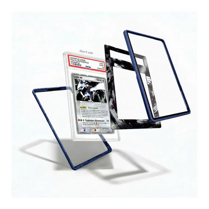 Three transparent acrylic display frames with dark blue borders are shown floating against a white background, with one frame holding a graded Pokémon TCG card insert. No person, animal, or real environment is present, so this is Product/Packaging rather than Lifestyle.