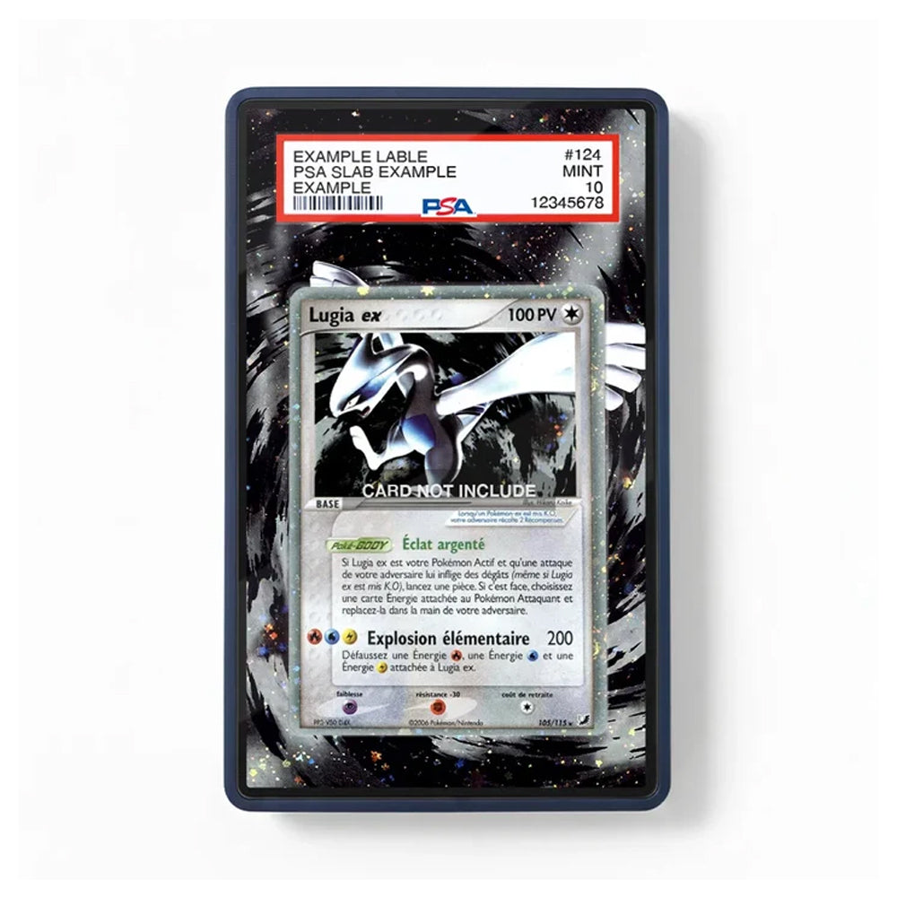 A PSA graded collectible card slab containing a Lugia card, shown against a plain white background. The slab has a dark blue border and a black-and-white marble pattern, with a red PSA grading label at the top.
