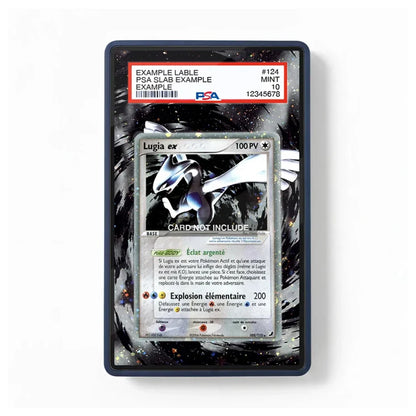 A PSA graded collectible card slab containing a Lugia card, shown against a plain white background. The slab has a dark blue border and a black-and-white marble pattern, with a red PSA grading label at the top.