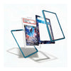 A set of transparent acrylic or glass display frames with metallic teal-blue borders, shown floating around a graded Pokémon TCG card on a clean white background.