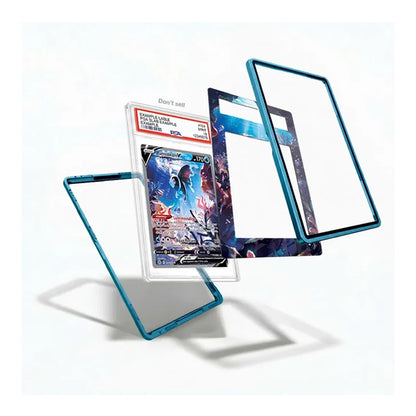 A set of transparent acrylic or glass display frames with metallic teal-blue borders, shown floating around a graded Pokémon TCG card on a clean white background.