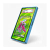 A blue protective screen protector shown on a smartphone, with a graded PSA sample card visible through the transparent top section. The phone screen displays a green Pokémon card game interface.